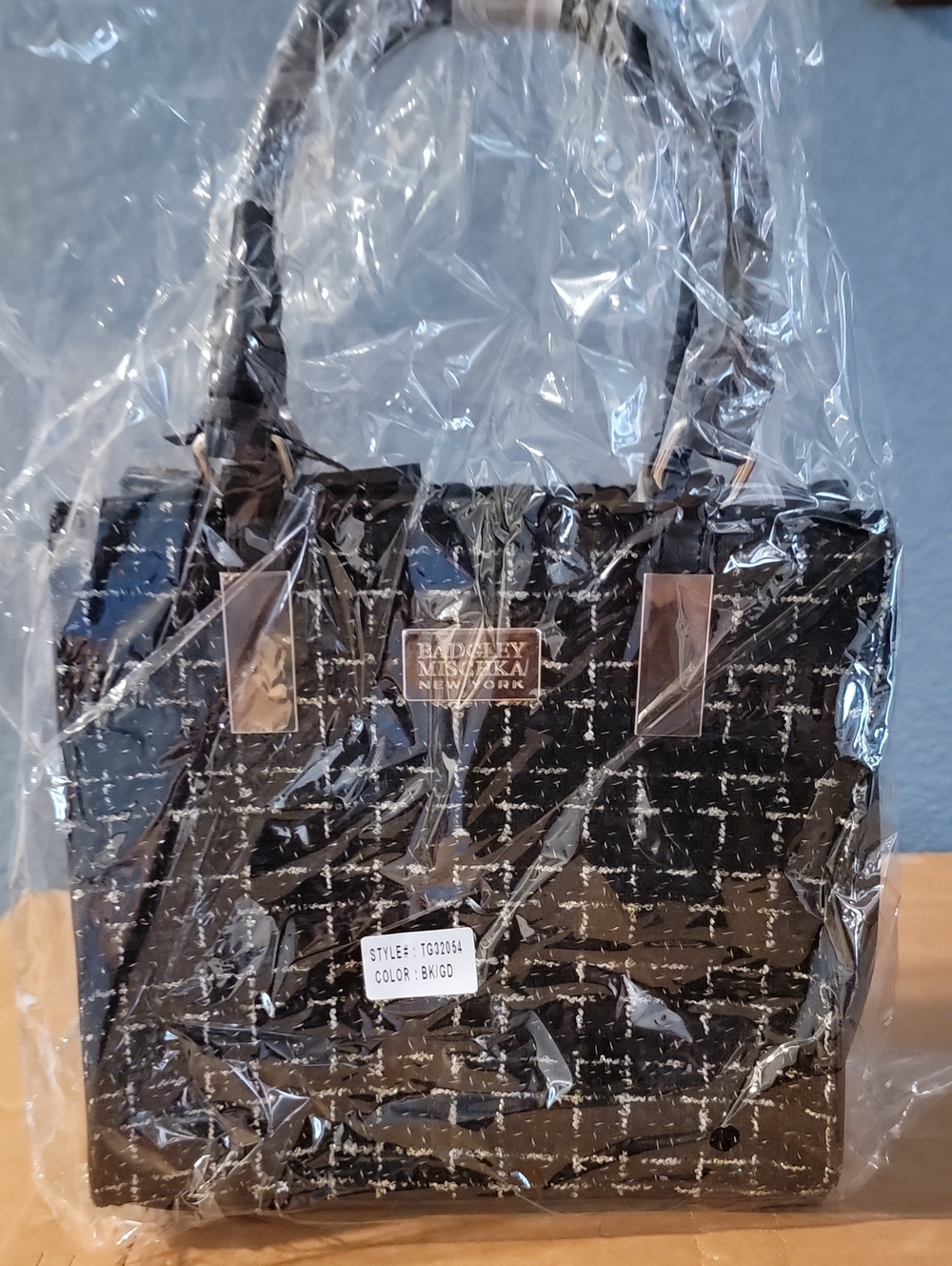 Badgley Mischka Black Tweed Top-Handle Satchel with Gold Trim
